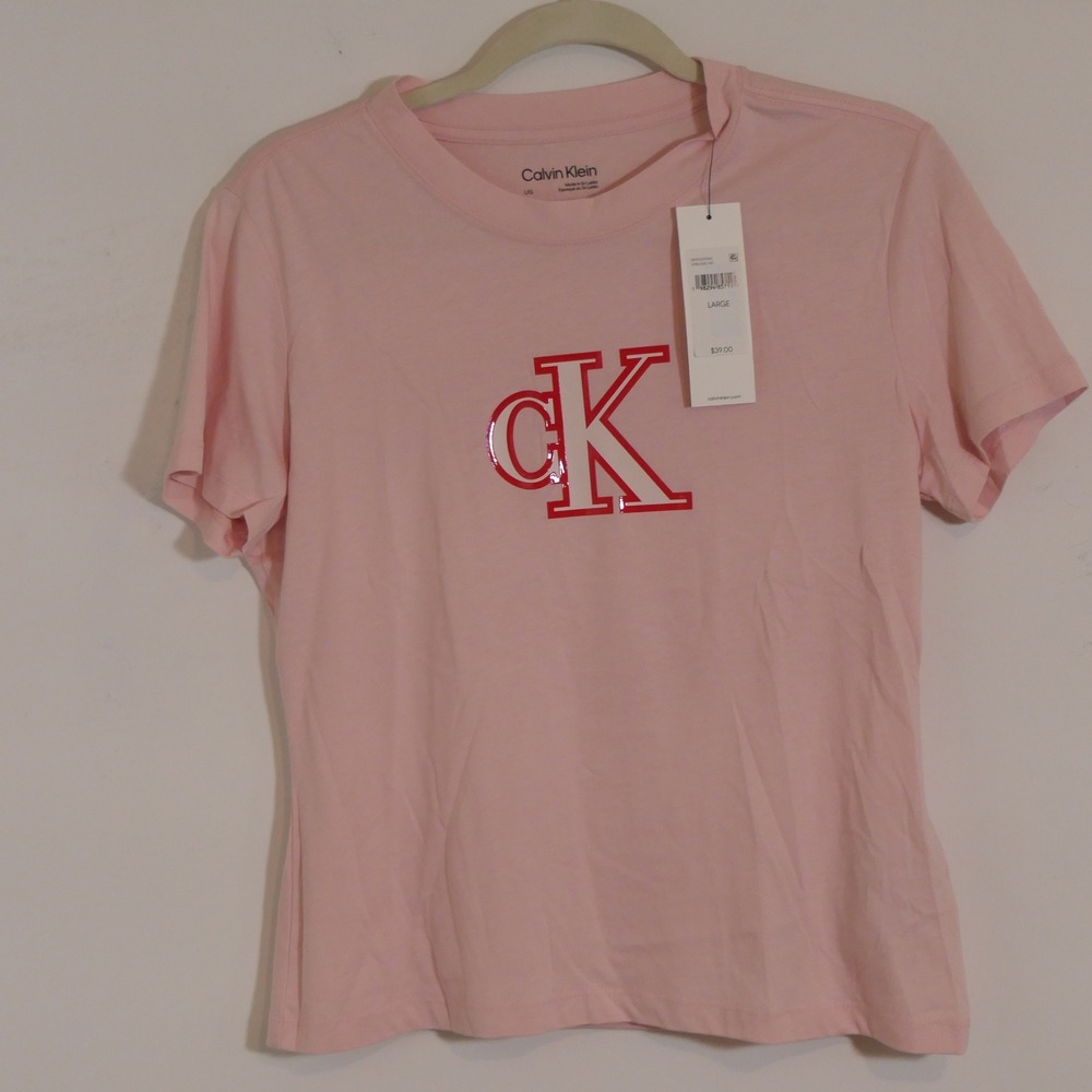 Calvin Klein Women T-Shirt L Pink Logo Minimalist Streetwear Loungewear Softcore